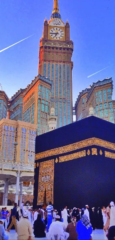 Mecca cityscape with Kaaba and blue sky.