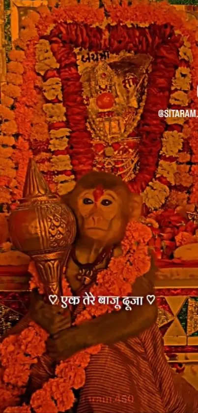 Monkey adorned in garlands at a sacred shrine.