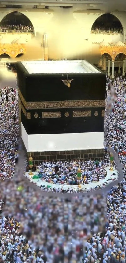 Overhead view of Kaaba during pilgrimage at Mecca, surrounded by worshippers.