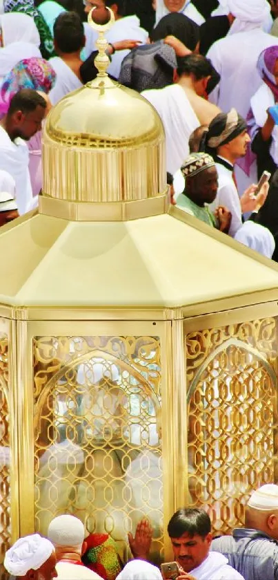 Sacred pilgrimage gathering with gold structure and crowd of worshippers