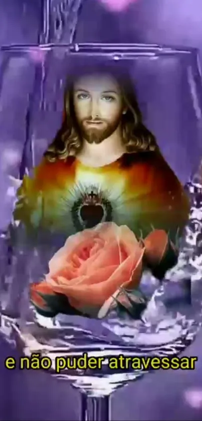 Sacred heart and rose in a glass on purple background.