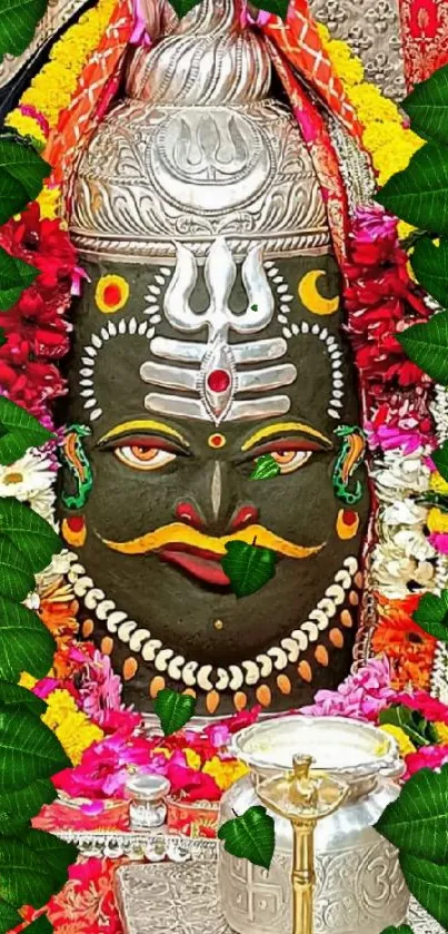 Sacred sculpture surrounded by colorful flowers and leaves.