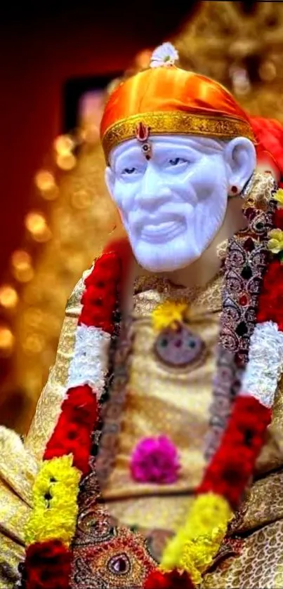 Sai Baba statue with garlands in a golden aura.