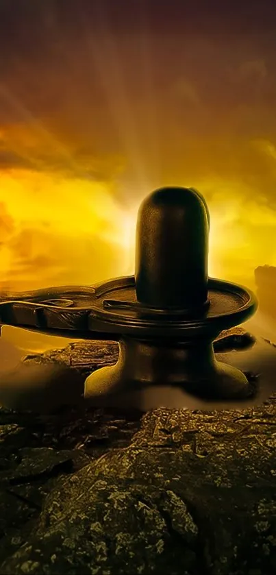 Shivling against a stunning golden sunrise on rocky terrain.