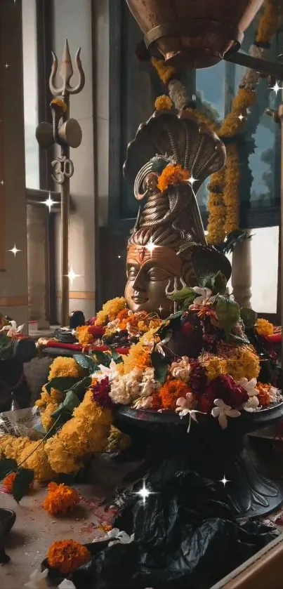 Sacred shrine with divine idols and marigold garlands in a peaceful setting.