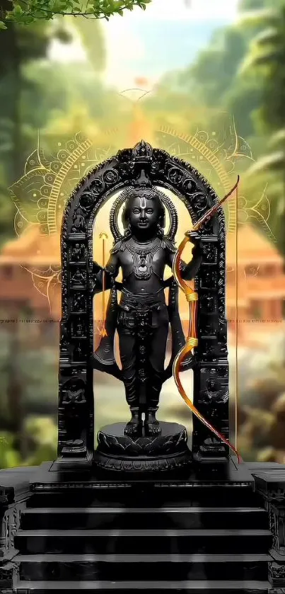 Sacred statue with temple background in mobile wallpaper.