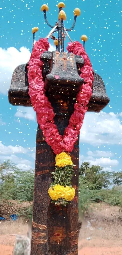 Sacred stone under a bright blue sky adorned with flowers.