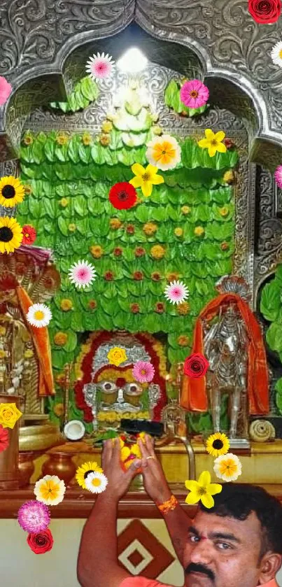 Ornate shrine with green leaves decor in a temple setting.