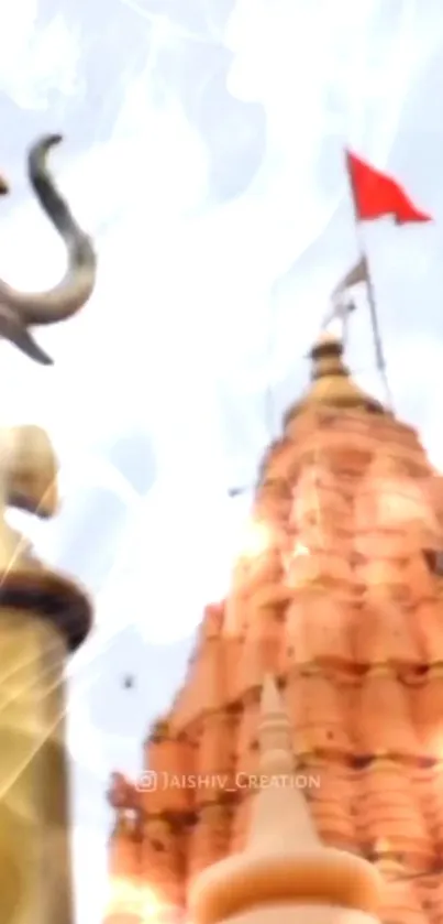 Vibrant temple with a spiritual trident symbol against the sky backdrop.