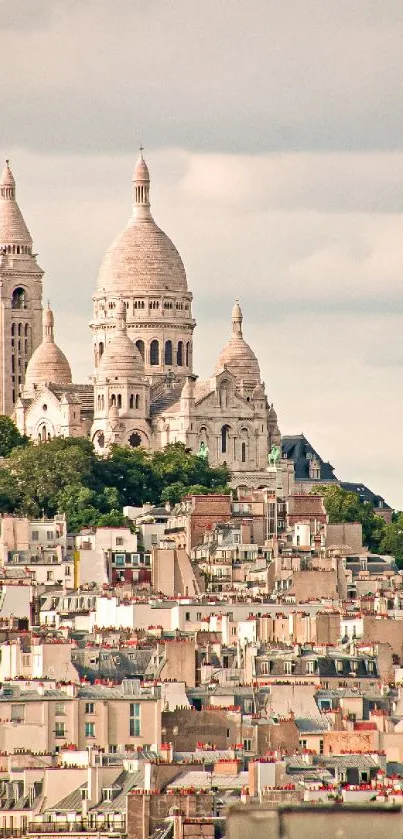 Aerial view of Sacré-Cœur Basilica in Paris with scenic rooftops and sky.