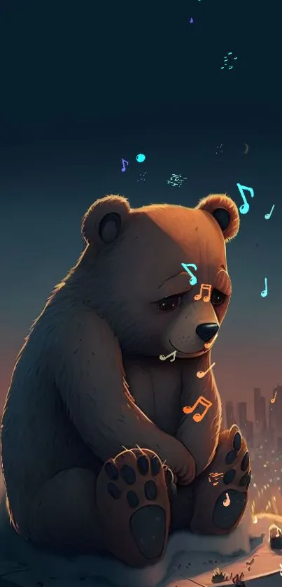 Sad bear with floating musical notes at night.