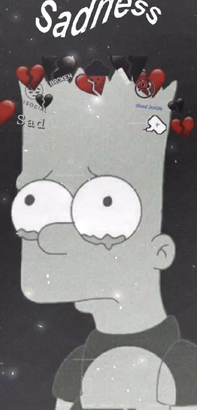 Sad cartoon character in grayscale with hearts.