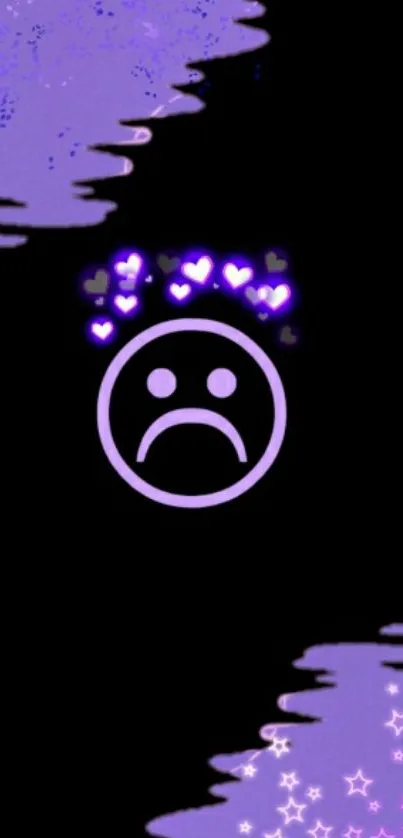 Sad emoji with purple hearts and glow on a dark background wallpaper.