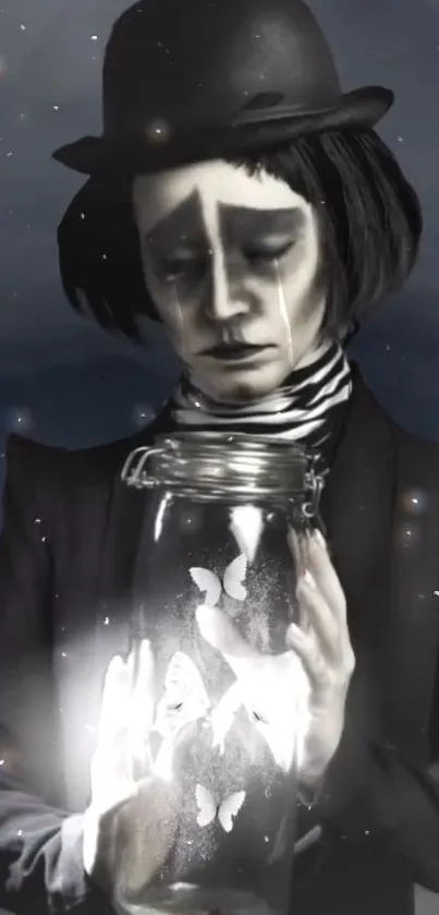 Sad mime holding a glowing jar with butterflies under a starry night sky.