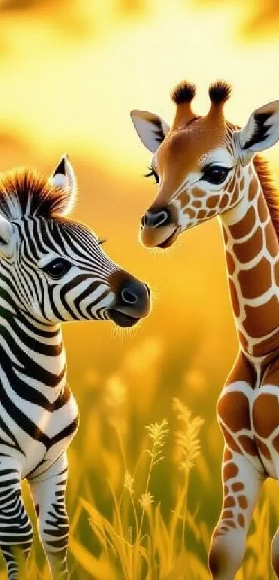 Zebra and giraffe standing in a golden field at sunset.