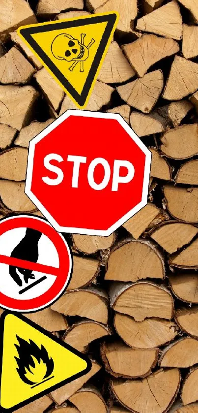 Mobile wallpaper with safety signs on woodpile background.