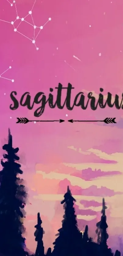 Sagittarius constellation in purple night sky with forest silhouette.