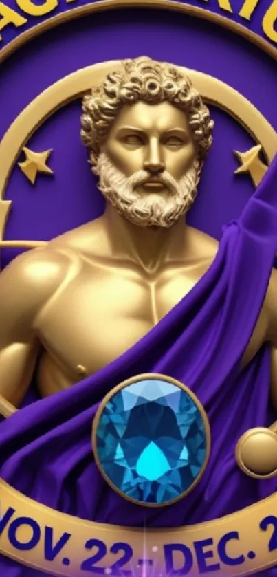 Sagittarius zodiac art with purple and gold hues, featuring a gemstone.