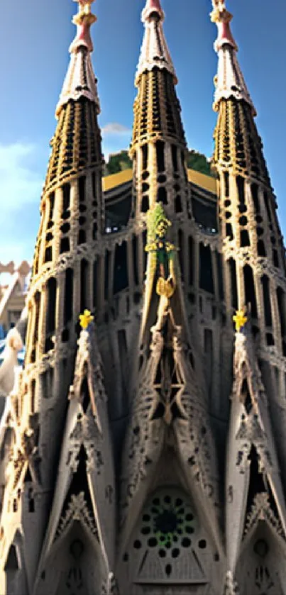 Sagrada Familia with blue sky and Gothic architecture, mobile wallpaper.