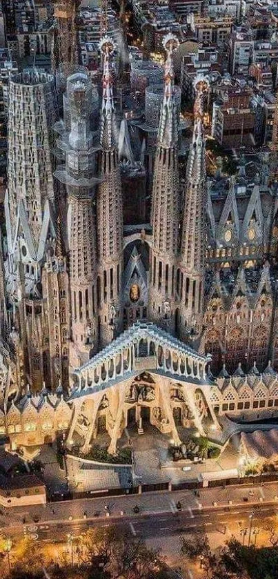 Aerial view of Sagrada Familia at night in Barcelona