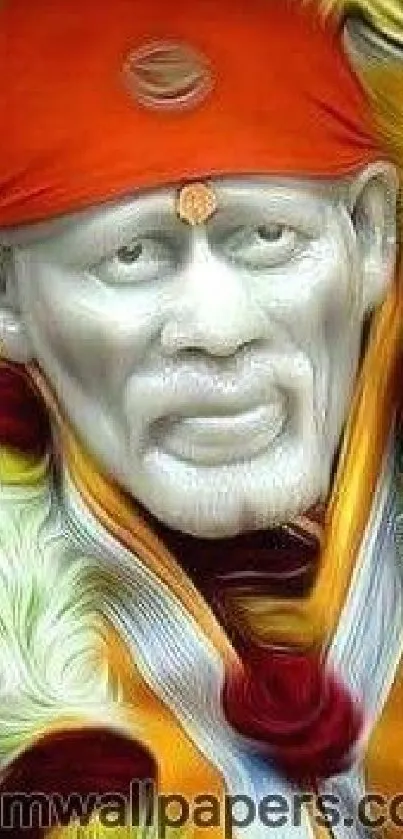 Artistic Sai Baba portrait with vibrant colors.