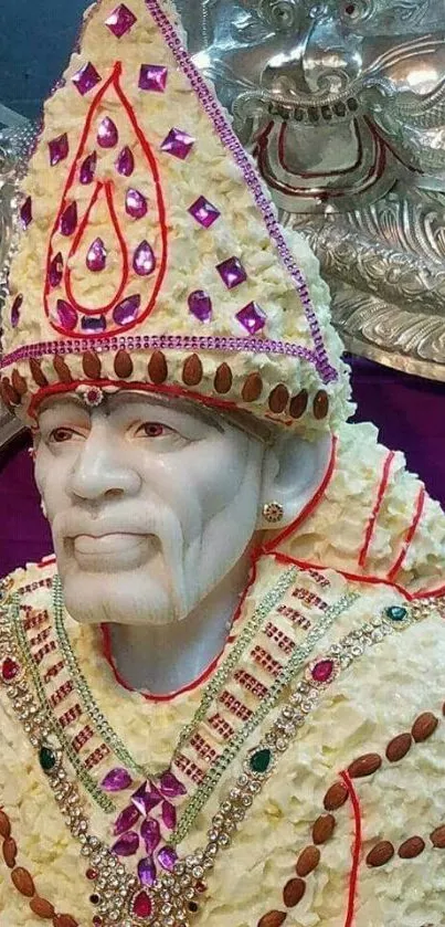 Sai Baba statue with detailed floral decorations and vibrant colors.