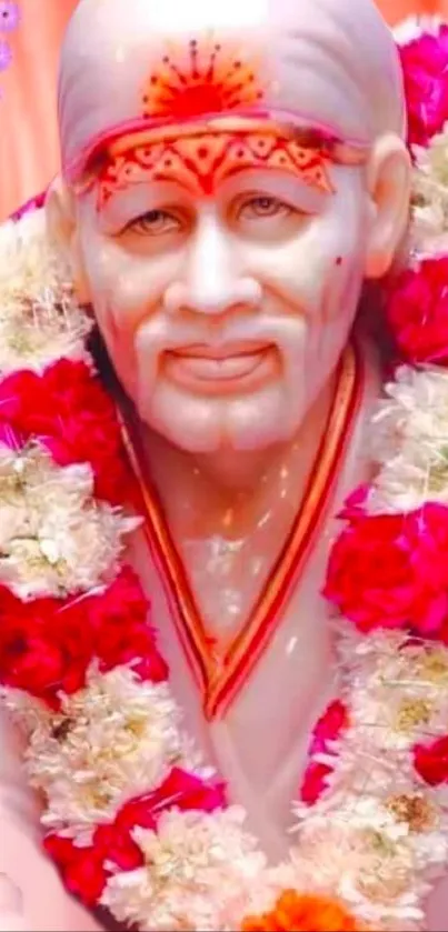 Sai Baba with floral garlands, pink hue, mobile wallpaper.