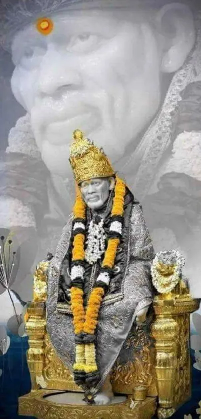 Divine Sai Baba statue on a golden throne with spiritual aura.