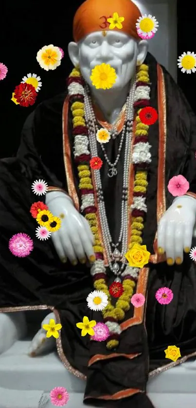 Sai Baba statue with garland in black attire.