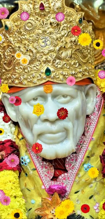 Sai Baba adorned with flowers and a golden crown.