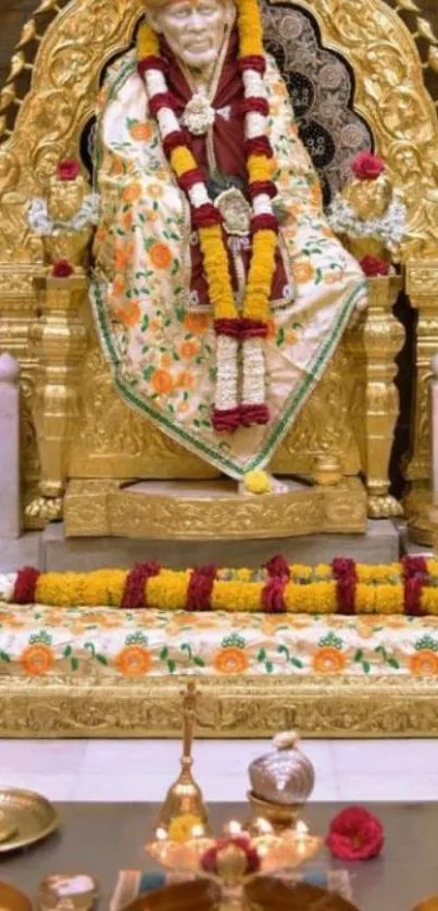 Sai Baba seated in a golden shrine adorned with flowers and sacred decor.