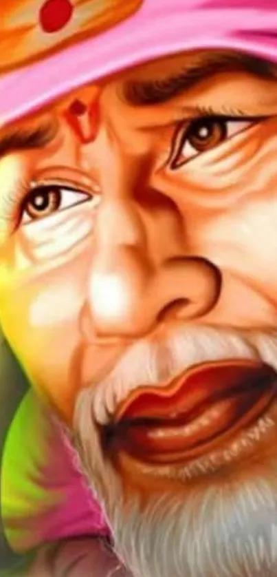 Vibrant portrait of Sai Baba with serene expression and colorful background.