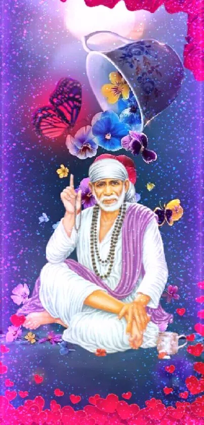 Spiritual Sai Baba wallpaper with vibrant colors and divine motifs.