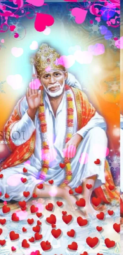 Sai Baba wallpaper with hearts and vibrant spiritual design for phones.