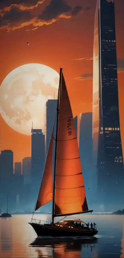 Sailboat in front of a cityscape and moonlit sky.