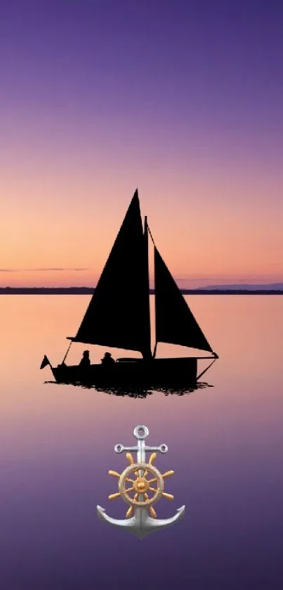 Sailboat and tree on calm water at sunset.