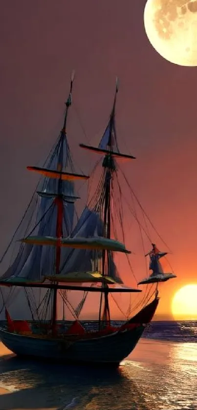 Sailboat at sunset with moon and ocean.