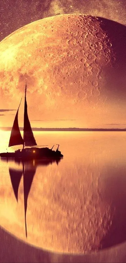 Sailboat under a giant golden moon reflecting on calm water.