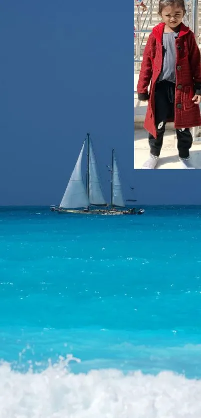 Sailboat on vibrant blue ocean with clear sky and horizon.