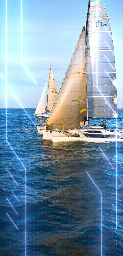 Sailboat gliding on a calm ocean with a clear blue sky.