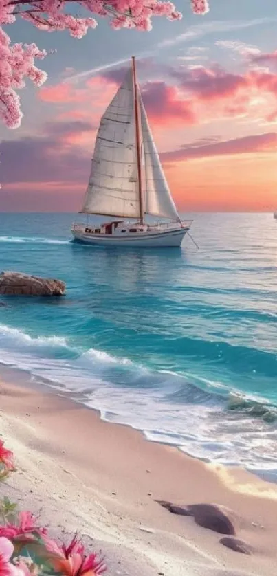 Sailboat on serene ocean at sunset with vibrant pink sky and blooming flowers.