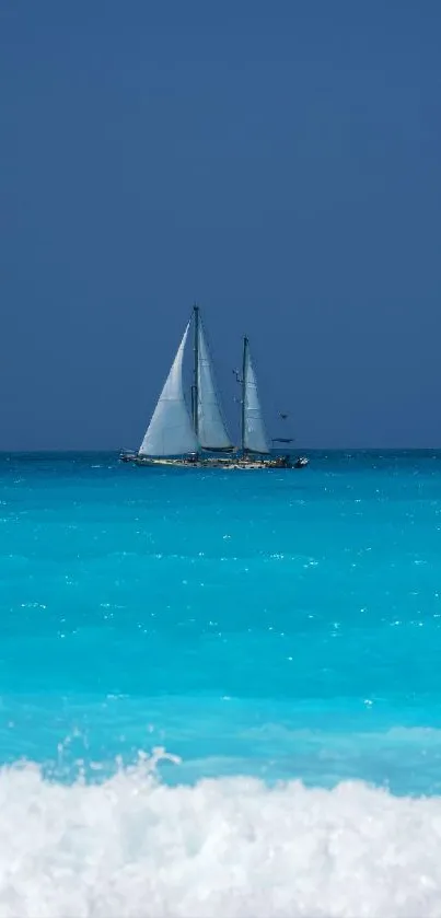 Sailboat sailing on turquoise sea under clear blue sky.