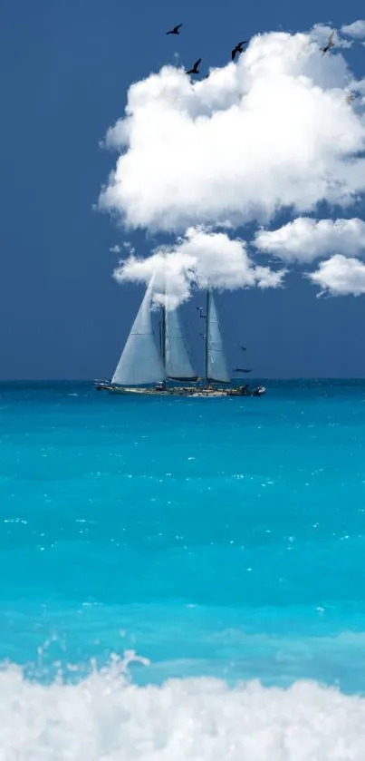 Sailboat with clouds and birds over turquoise sea.