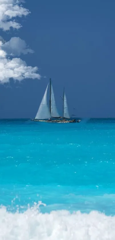 Sailboat on turquoise ocean under blue sky with white clouds.