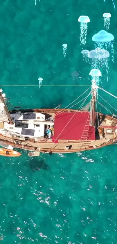 Aerial view of sailboat on turquoise sea with jellyfish.