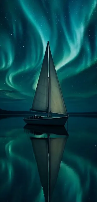 Sailboat on calm lake under vibrant Northern Lights.