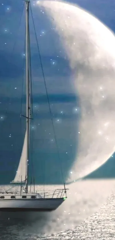 Dreamy sailboat under a vast, luminous moonlit sky on tranquil waters.