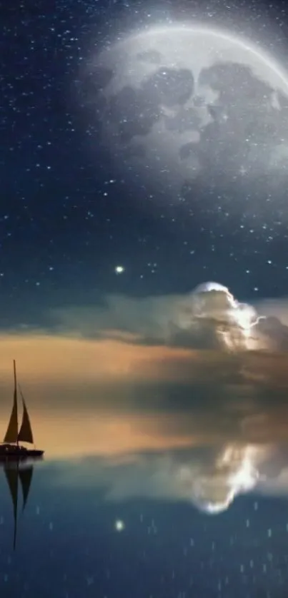 Sailboat on calm water under a moonlit, starry sky.