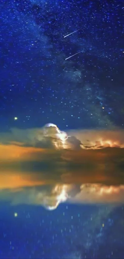 Sailing boat beneath a starry night sky, reflecting in tranquil waters.