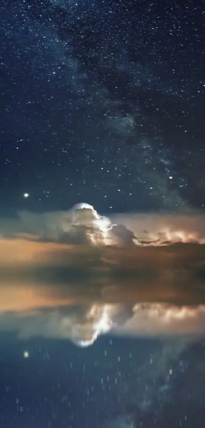 A sailboat under a clear, starry sky with a reflective water surface at night.